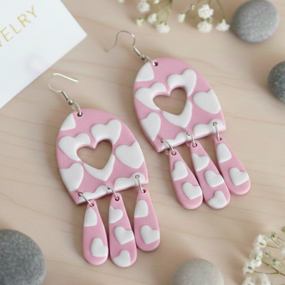 Heartfall Dangle - Handmade Clay Earrings - Valentine’s Day - Pink & White